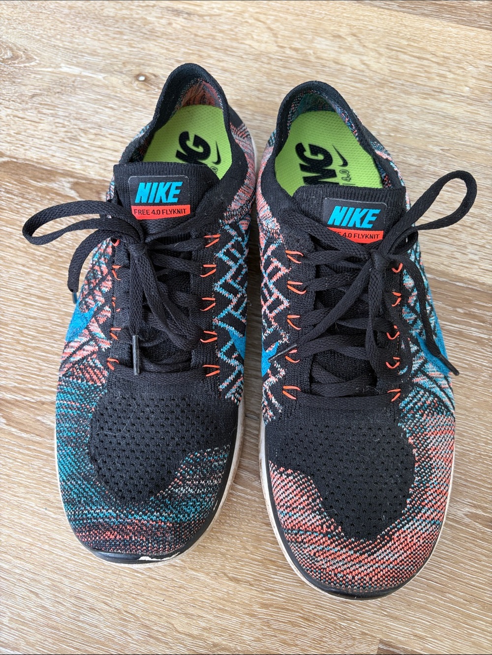Nike Men Black Teal Coral Flyknit Athletic Shoes